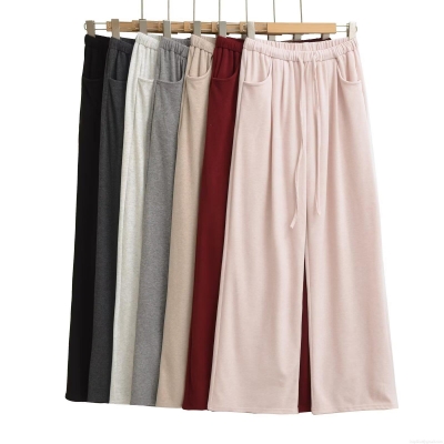 Women's Wide Leg Casual Pants Solid Color Polyester Knit Elastic Waist Drawstring Loose Trousers For Daily Streetwear Fall Winter Comfortable High Waisted Pants
