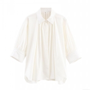 Women Solid White Pleated Lapel Shirt Casual Loose Long Sleeve Button Down Blouse Autumn Streetwear Fashion Top