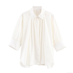 Women Solid White Pleated Lapel Shirt Casual Loose Long Sleeve Button Down Blouse Autumn Streetwear Fashion Top