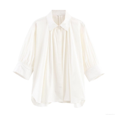 Women Solid White Pleated Lapel Shirt Casual Loose Long Sleeve Button Down Blouse Autumn Streetwear Fashion Top