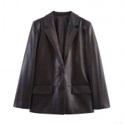 Women's Loose PU Faux Leather Suit Jacket Long Sleeve Lapel Single Breasted Blazer Outerwear With Pockets For Autumn Winter Streetwear Chestnut Dark Brown