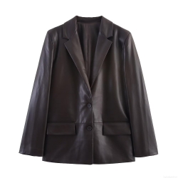 Women's Loose PU Faux Leather Suit Jacket Long Sleeve Lapel Single Breasted Blazer Outerwear With Pockets For Autumn Winter Streetwear Chestnut Dark Brown