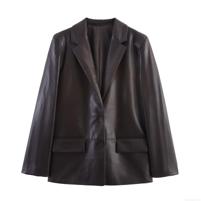 Women's Loose PU Faux Leather Suit Jacket Long Sleeve Lapel Single Breasted Blazer Outerwear With Pockets For Autumn Winter Streetwear Chestnut Dark Brown