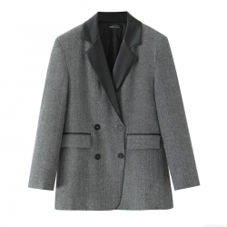 Womens British Vintage Herringbone Blazer Polyester Jacket With Faux Leather Patchwork Collar Double Breasted Long Sleeve Casual Streetwear Outerwear Top