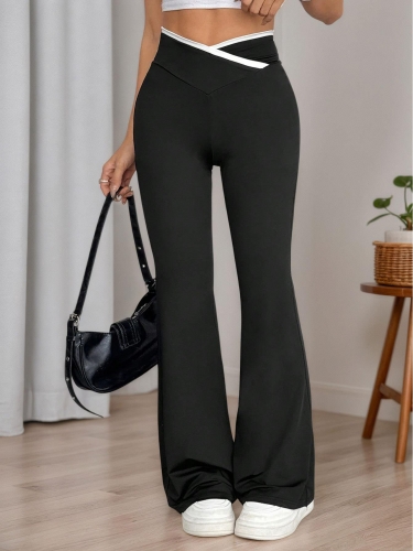 Women Knitted Flare Pants 95% Polyester 5% Elastane High Waist Cross V-Waist Color Block Slim Fit Bell Bottom Trousers Leggings