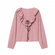 Women's Red White Gingham Plaid Polyester Blouse With Ruffle V-Neck And Lace Up Detail Long Sleeve Loose Fit Casual Streetwear Fall Tops