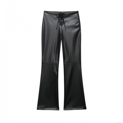 Women's Black PU Leather Flare Pants Fashion Mid Waist Criss Cross Lace Up Trousers Sexy Slim Fit Streetwear Faux Leather Leggings