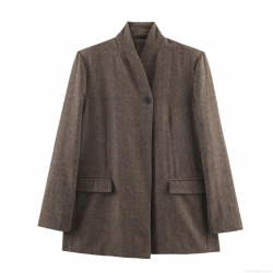 Women Herringbone Woolen Blazer Jacket Vintage Stand Collar Single Button Tweed Suit Coat Autumn Winter Long Sleeve Streetwear Outerwear For Ladies
