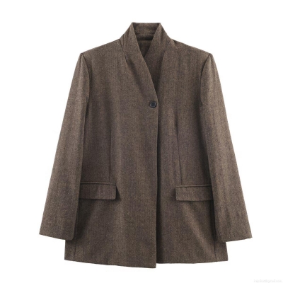 Women Herringbone Woolen Blazer Jacket Vintage Stand Collar Single Button Tweed Suit Coat Autumn Winter Long Sleeve Streetwear Outerwear For Ladies