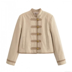 Women's Vintage Short Jacket Blazer Elegant Chinese Style Metal Frog Button Stand Collar Piped Trim Long Sleeve Polyester Outerwear for Commuting Khaki