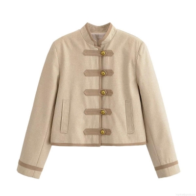 Women's Vintage Short Jacket Blazer Elegant Chinese Style Metal Frog Button Stand Collar Piped Trim Long Sleeve Polyester Outerwear for Commuting Khaki