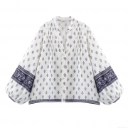 Women Ethnic Printed V-Neck Lantern Sleeve Button Down Blouse Shirt Cotton Linen Feel Loose Casual Spring Summer Boho Style Top Clothing