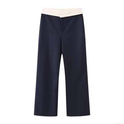 Women's Contrast Color Waistband Straight Leg Trousers High Waist Casual Polyester Long Pants For Office Commuter Minimalist Style