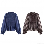 Women's Vintage Smocked Blouse Ruffle High Neck Long Sleeve Gingham Plaid Top Elegant Sweet Shirred Polyester Shirt For Daily Office Casual Lady