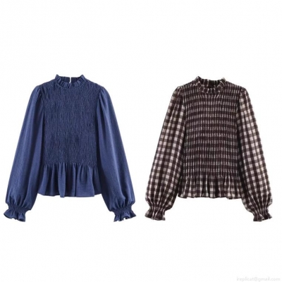 Women's Vintage Smocked Blouse Ruffle High Neck Long Sleeve Gingham Plaid Top Elegant Sweet Shirred Polyester Shirt For Daily Office Casual Lady