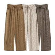 Women's Striped Wide Leg Pants Casual Bohemian Drawstring Elastic Waist Polyester Spandex Loose Straight Long Trousers With Pockets
