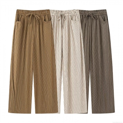 Women's Striped Wide Leg Pants Casual Bohemian Drawstring Elastic Waist Polyester Spandex Loose Straight Long Trousers With Pockets