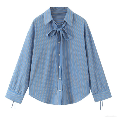 Women Striped Long Sleeve Blouse Bow Tie Neck Casual Loose Shirt For Daily Office Fashion Polyester Spandex Blend Striped Top
