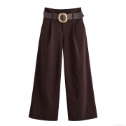 Women's High Waist Wide Leg Pants Polyester Loose Retro Trousers with Leather Belt Gold Buckle Daily Casual Office All-match Autumn Long Pants for Women