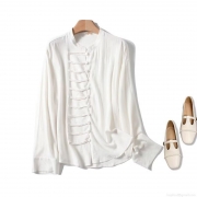 Women's New Chinese Style Blouse Viscose Linen Blend Stand Collar Frog Button Long Sleeve Shirt Elegant Solid White Top for Daily Office Wear