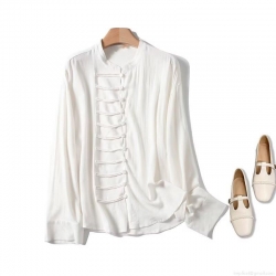 Women's New Chinese Style Blouse Viscose Linen Blend Stand Collar Frog Button Long Sleeve Shirt Elegant Solid White Top for Daily Office Wear