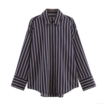 Women's Casual Vertical Striped Long Sleeve Shirt Polyester Spandex Blend Turn-down Collar Single Breasted Loose Fit Blouse For Office Daily Wear