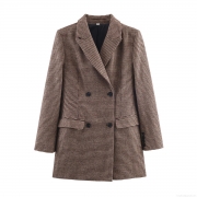 Women's Mid-Length Houndstooth Blazer Double Breasted Lapel Woven Jacket British Retro Slim Fit Office Business Casual Work Wear Outerwear