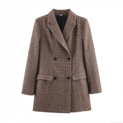 Women's Mid-Length Houndstooth Blazer Double Breasted Lapel Woven Jacket British Retro Slim Fit Office Business Casual Work Wear Outerwear