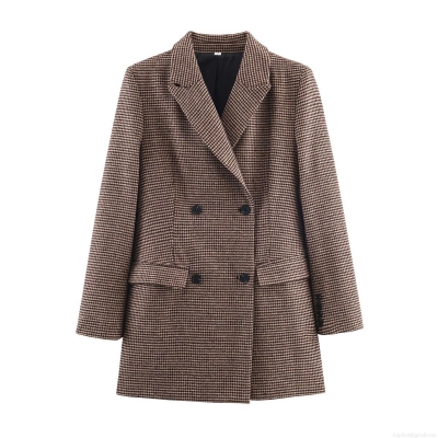 Women's Mid-Length Houndstooth Blazer Double Breasted Lapel Woven Jacket British Retro Slim Fit Office Business Casual Work Wear Outerwear