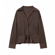 Women's Elegant Acetate Satin Blouse Long Sleeve V-Neck Button Down Shirt With Waist Belt Solid Color Chocolate Brown Tops For Office Party Fashion Ladies
