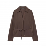 Elegant Women's 100% Polyester Satin Long Sleeve Blouse Shirt With Waist Tie Coffee Brown Lapel V-Neck Top For Office Daily Commute Casual Chic Fashion