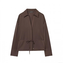 Elegant Women's 100% Polyester Satin Long Sleeve Blouse Shirt With Waist Tie Coffee Brown Lapel V-Neck Top For Office Daily Commute Casual Chic Fashion