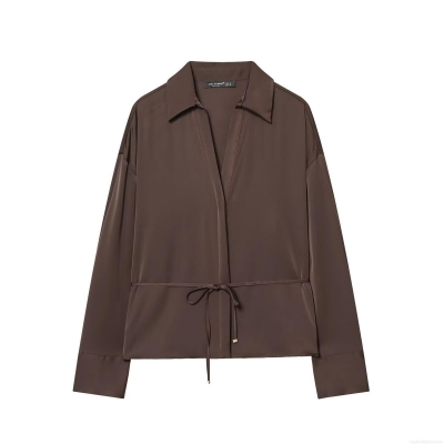 Elegant Women's 100% Polyester Satin Long Sleeve Blouse Shirt With Waist Tie Coffee Brown Lapel V-Neck Top For Office Daily Commute Casual Chic Fashion
