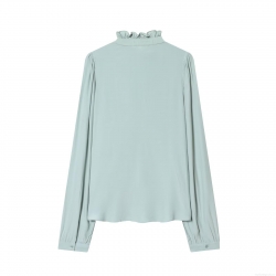 Women's Elegant Ruffle Collar Long Sleeve Polyester Blouse Sweet Solid Color Pleated Chiffon Texture Shirt For Office Daily Lady Style