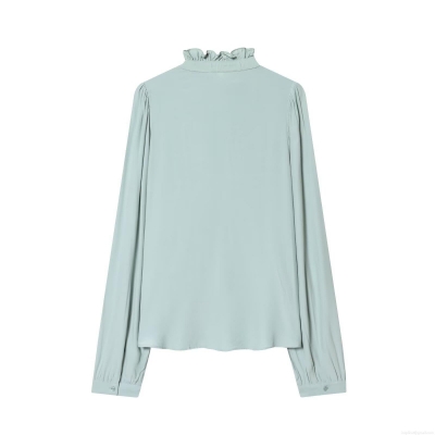 Women's Elegant Ruffle Collar Long Sleeve Polyester Blouse Sweet Solid Color Pleated Chiffon Texture Shirt For Office Daily Lady Style
