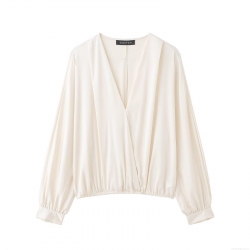 Elegant Women's Satin V-Neck Blouse Long Sleeve Silk-Like Texture Wrap Shirt With Elastic Hem Fashionable Office Party Casual Tops For Ladies Off-White