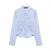 Women's Elegant Smocked Front Long Sleeve Blouse Solid Color Button Down Polyester Shirt Casual Slim Fit Office Streetwear Top