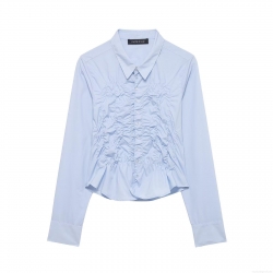 Women's Elegant Smocked Front Long Sleeve Blouse Solid Color Button Down Polyester Shirt Casual Slim Fit Office Streetwear Top