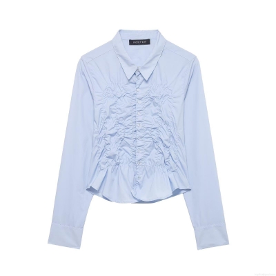 Women's Elegant Smocked Front Long Sleeve Blouse Solid Color Button Down Polyester Shirt Casual Slim Fit Office Streetwear Top