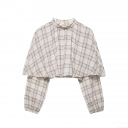 Women's Plaid Layered Crop Top High Neck Long Sleeve Cape Overlay Blouse 100% Polyester Woven Check Pattern Streetwear Casual Autumn Top