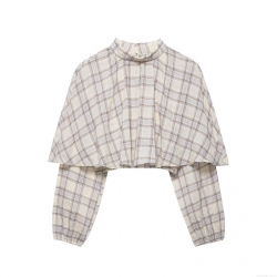 Women's Plaid Layered Crop Top High Neck Long Sleeve Cape Overlay Blouse 100% Polyester Woven Check Pattern Streetwear Casual Autumn Top