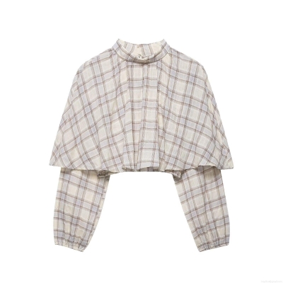 Women's Plaid Layered Crop Top High Neck Long Sleeve Cape Overlay Blouse 100% Polyester Woven Check Pattern Streetwear Casual Autumn Top