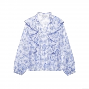 Women's Vintage Blue Floral Print Ruffle Long Sleeve Shirt Elegant V-Neck Button Down Blouse Casual Lightweight Spring Tops