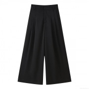 Women's Elegant High Waist Wide Leg Pants 100% Polyester Satin Solid Black Pleated Front Loose Fit Long Trousers Casual Office Daily Wear For Lady