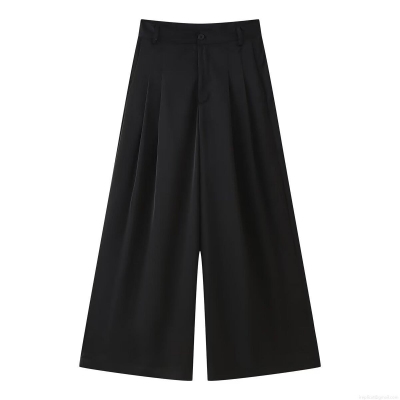 Women's Elegant High Waist Wide Leg Pants 100% Polyester Satin Solid Black Pleated Front Loose Fit Long Trousers Casual Office Daily Wear For Lady