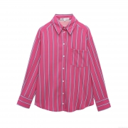Women's Sweet Fresh Striped Long Sleeve Shirt Button Down Lapel Blouse With Chest Pocket Casual Polyester Spandex Top For Daily Vacation Office Wear