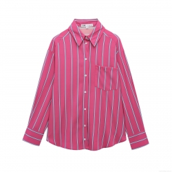 Women's Sweet Fresh Striped Long Sleeve Shirt Button Down Lapel Blouse With Chest Pocket Casual Polyester Spandex Top For Daily Vacation Office Wear