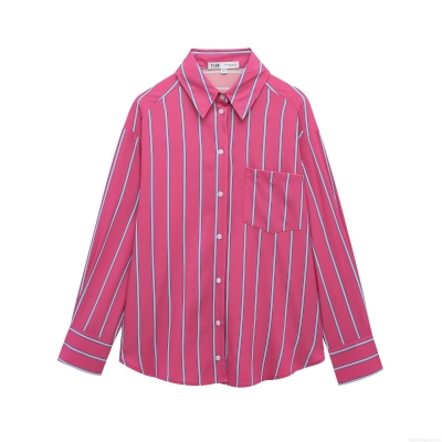 Women's Sweet Fresh Striped Long Sleeve Shirt Button Down Lapel Blouse With Chest Pocket Casual Polyester Spandex Top For Daily Vacation Office Wear