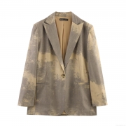 Women's Minimalist Tie-Dye Print Blazer Jacket Polyester Long Sleeve Single Button Lapel Casual Fashion Office Outerwear Brown Grey