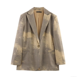 Women's Minimalist Tie-Dye Print Blazer Jacket Polyester Long Sleeve Single Button Lapel Casual Fashion Office Outerwear Brown Grey